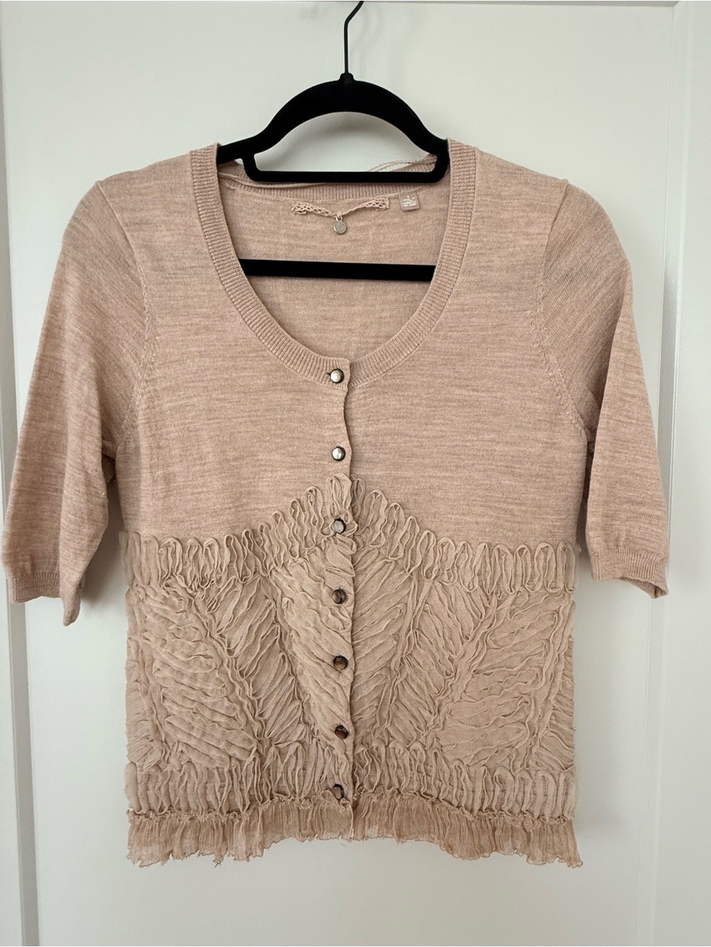 Anthropologie Short-Sleeve Textured Button-Front Sweater Cardigan in Linen